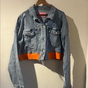 Azalea Wang Denim Cropped Jacket with Orange Trim